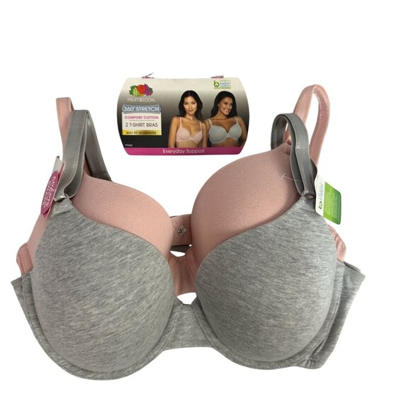Fruit Of The Loom Womens Comfort Cotton 2 Pack T-Shirt Bras Medium Pink & Grey - Picture 1 of 6